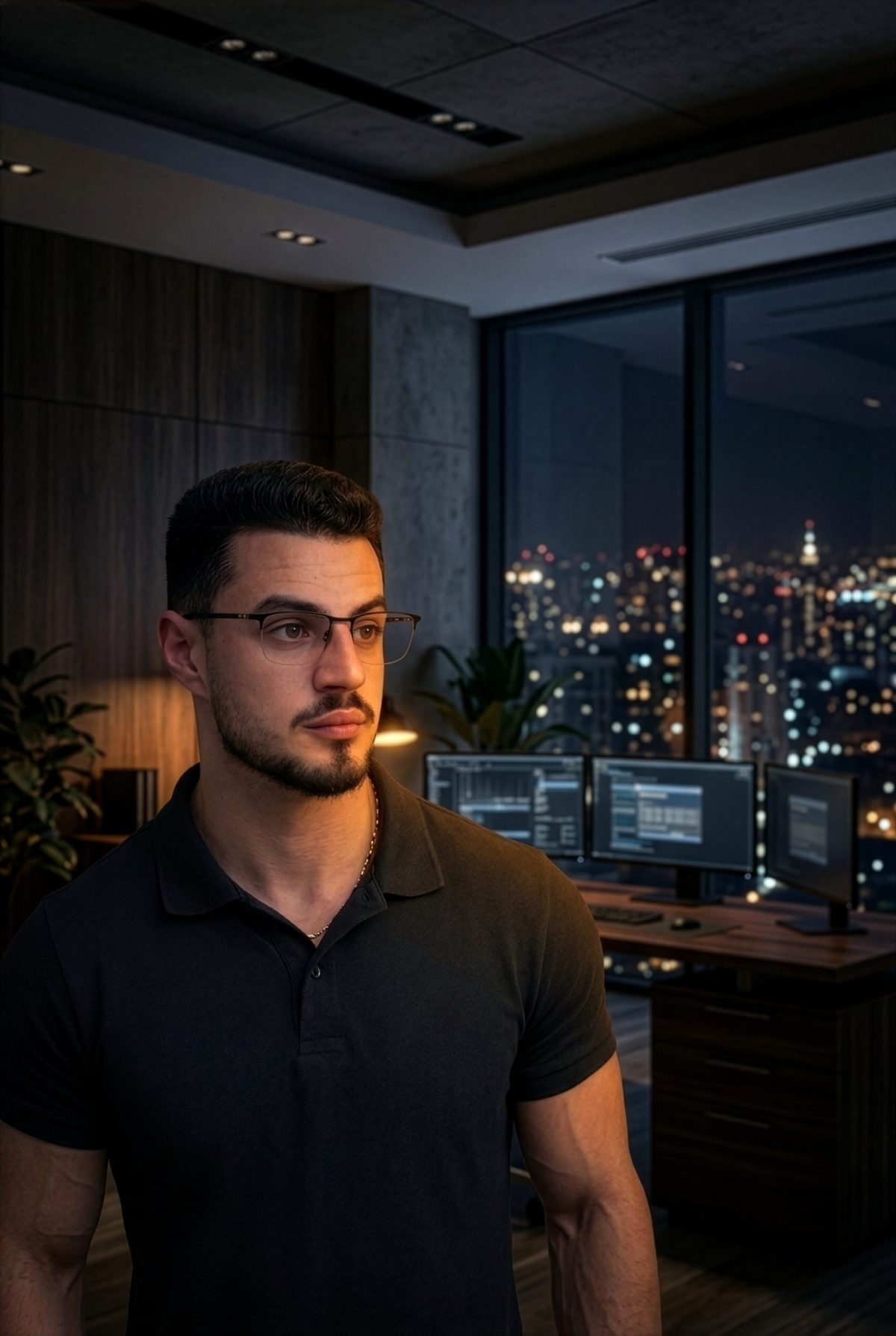 Khaled Hazime no escritório à noite