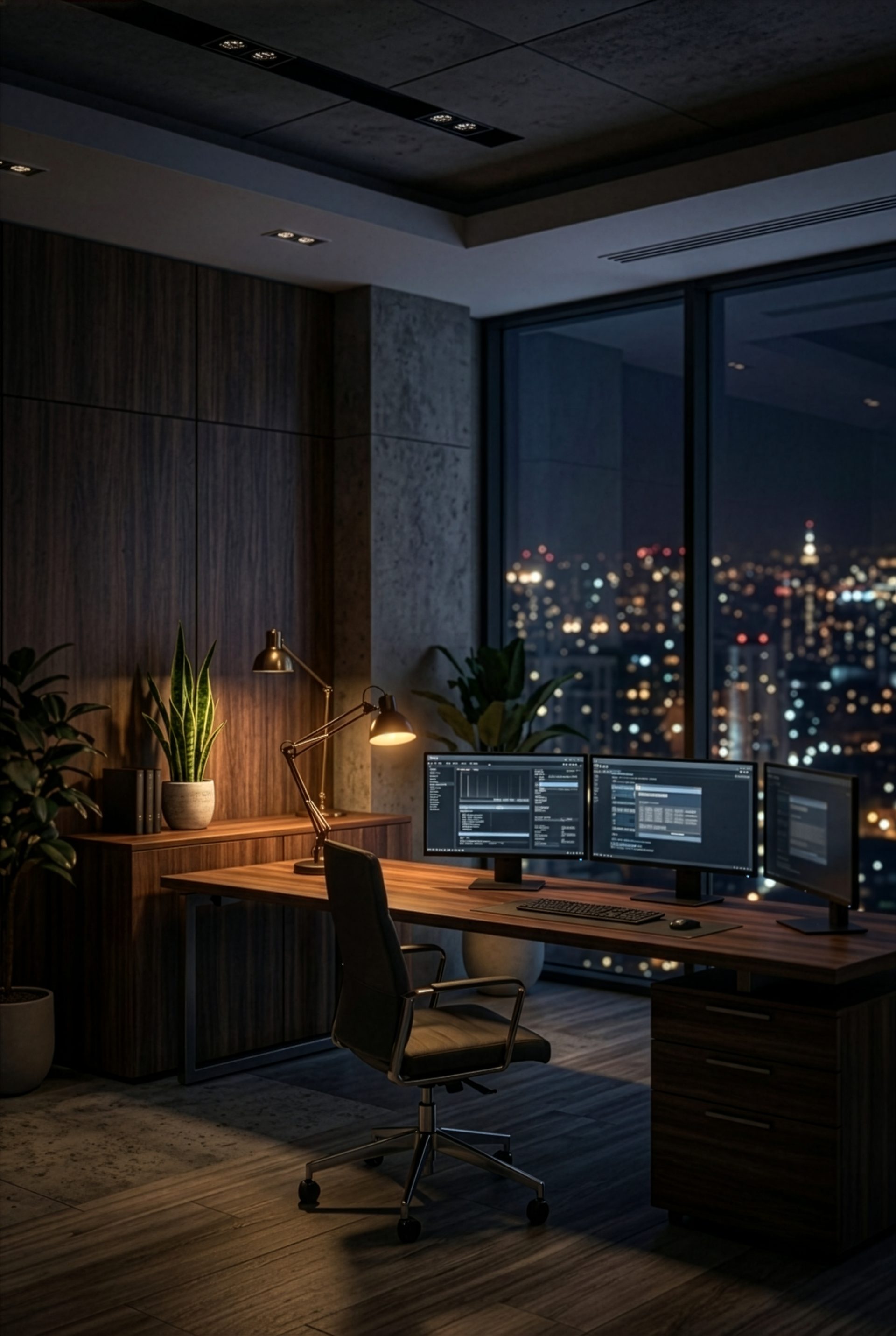 Escritório à noite, mesa com três monitores